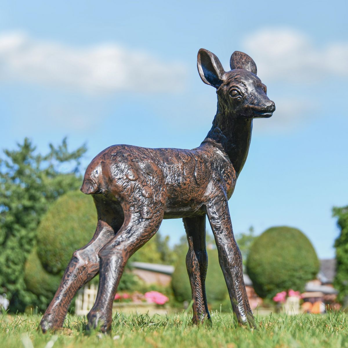 Recycled Cast Aluminium Brushed Gold Standing Fawn Sculpture in Situ