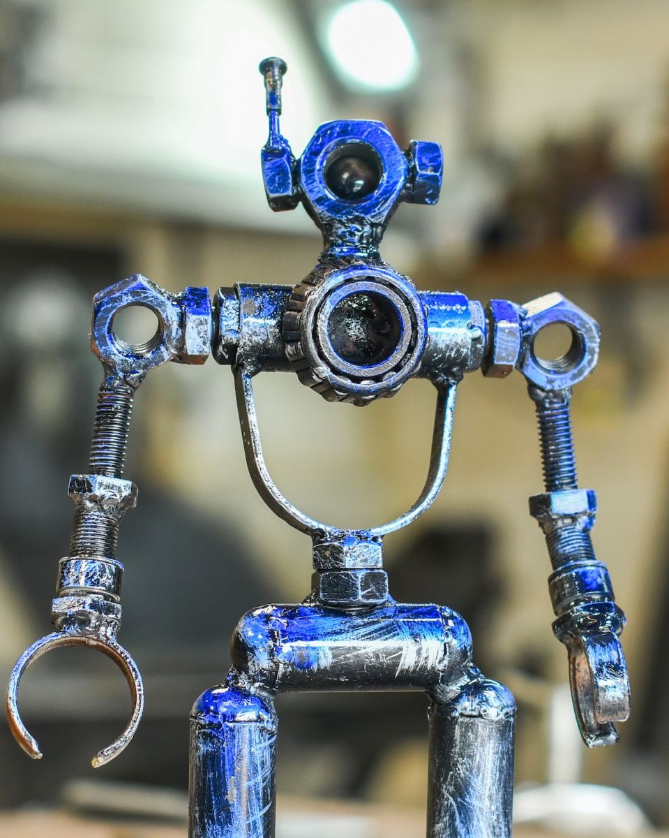 Close up of body detail on scrap metal robot sculpture
