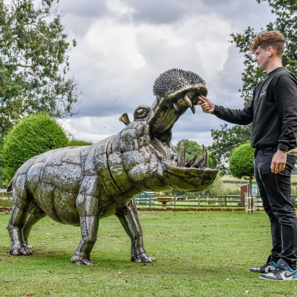 Recycled Metal Fighting Hippo Sculpture to Scale
