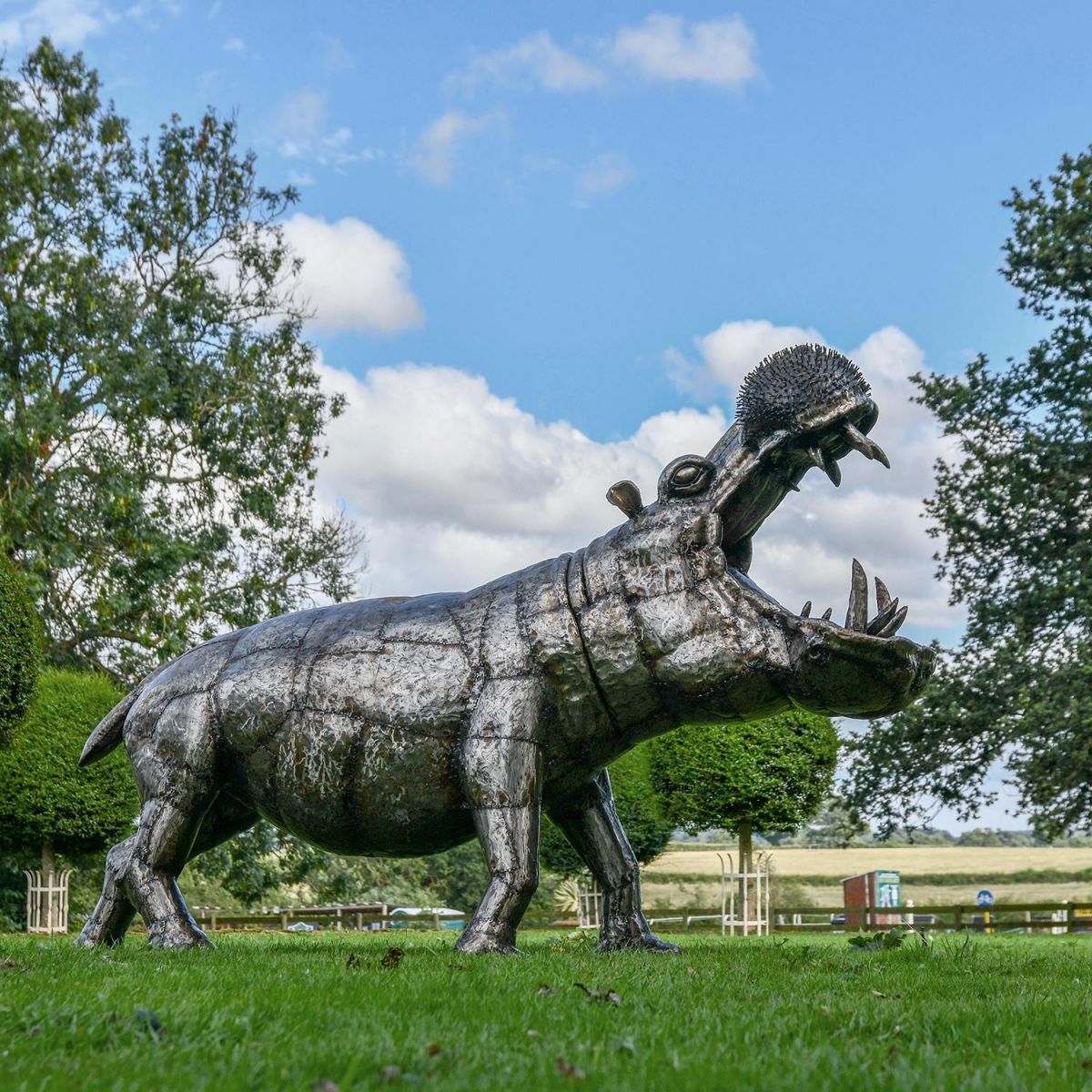 Side View of the Recycled Metal Fighting Hippo Sculpture