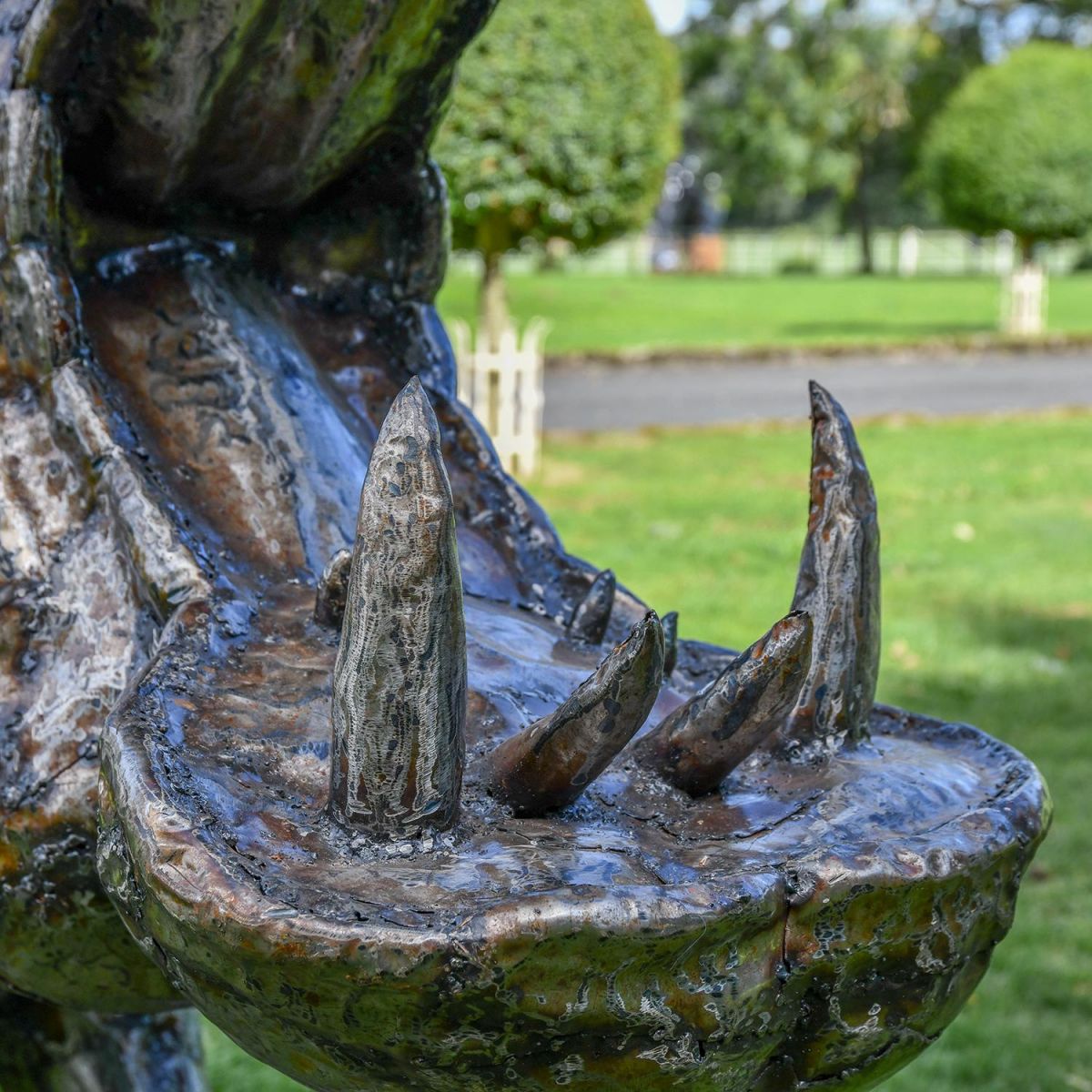 Inside the Mouth of the Recycled Metal Fighting Hippo Sculpture