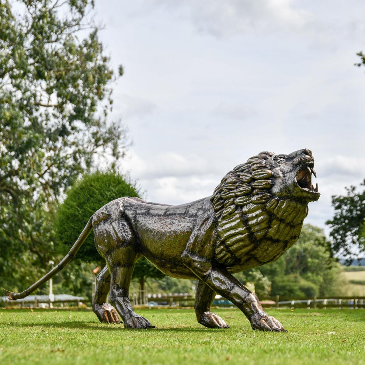Side View of the Recycled Metal Roaring Lion Sculpture