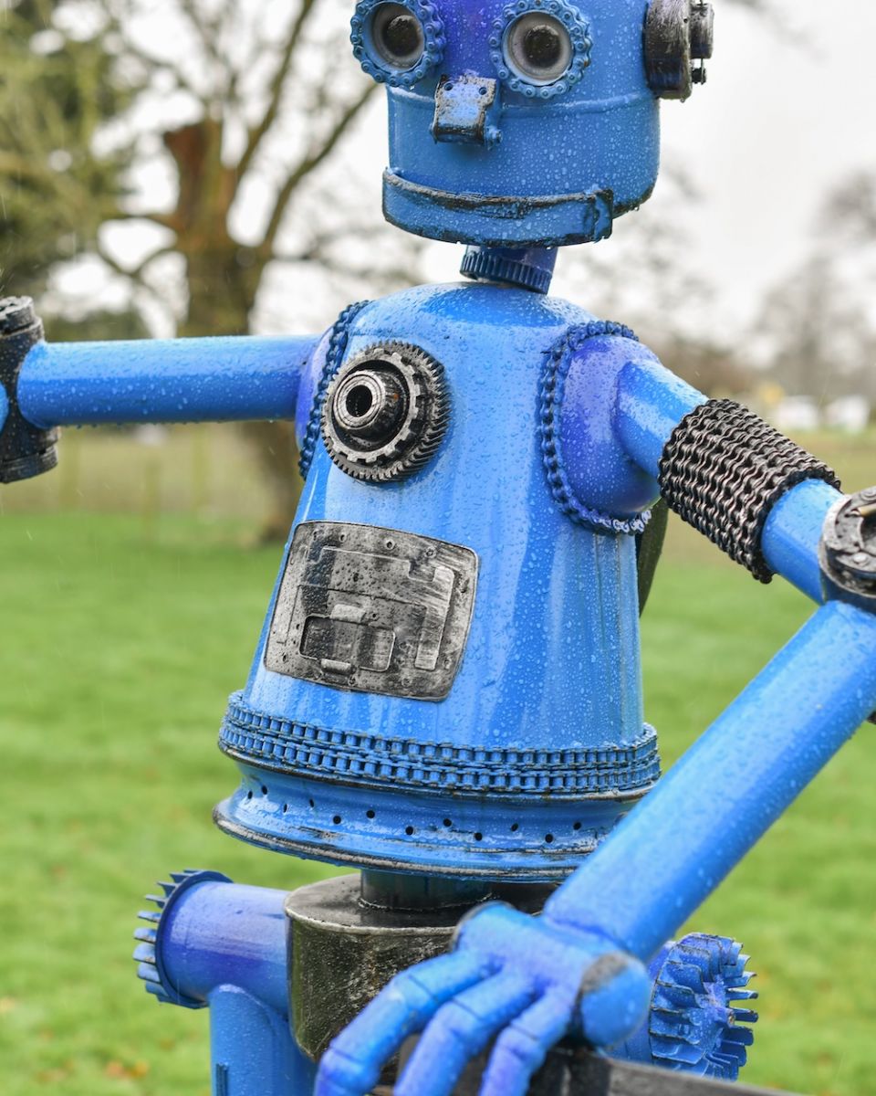 Close up robot detail on scrap metal art sculpture