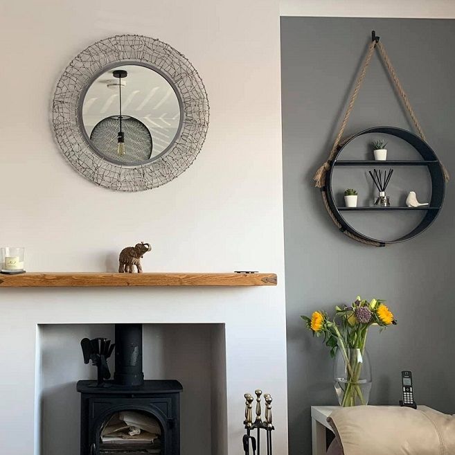 Hanging circular shelf in living room