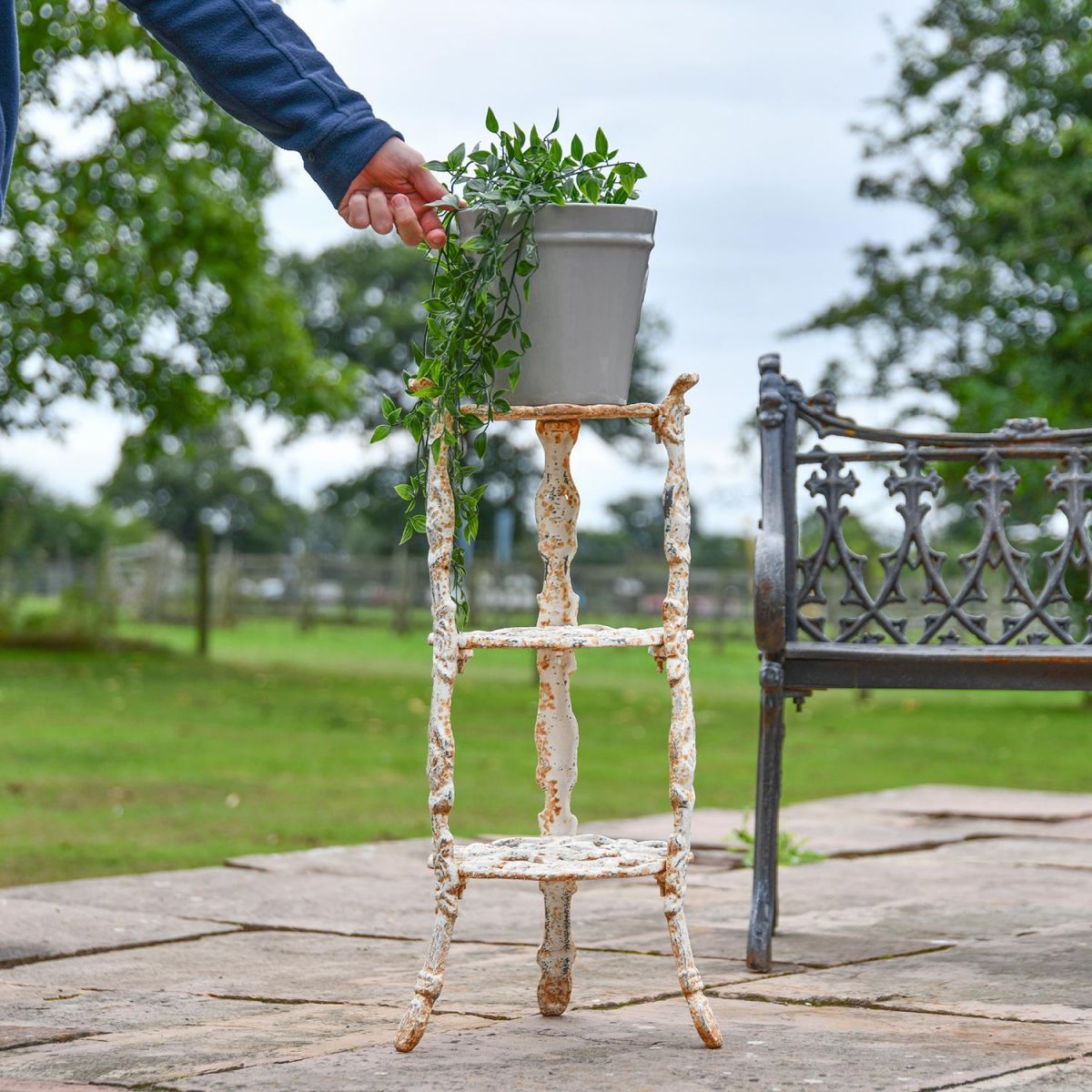 "Rose" Aged Rustic Cream Cast Iron Side Stand to Scale