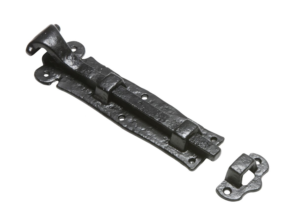 10" Rustic Antique Black Iron Straight Door or Gate Bolt With Scrolled Handle
