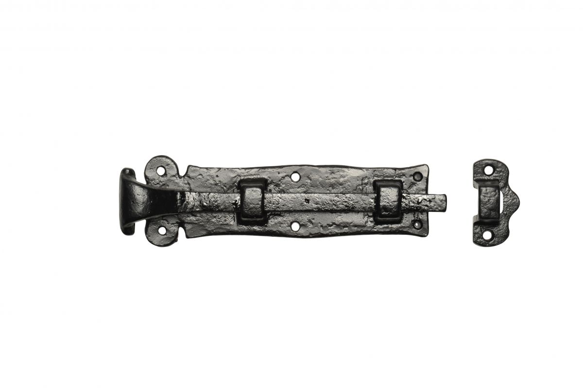 8" Rustic Antique Black Iron Straight Door or Gate Bolt With Scrolled Handle