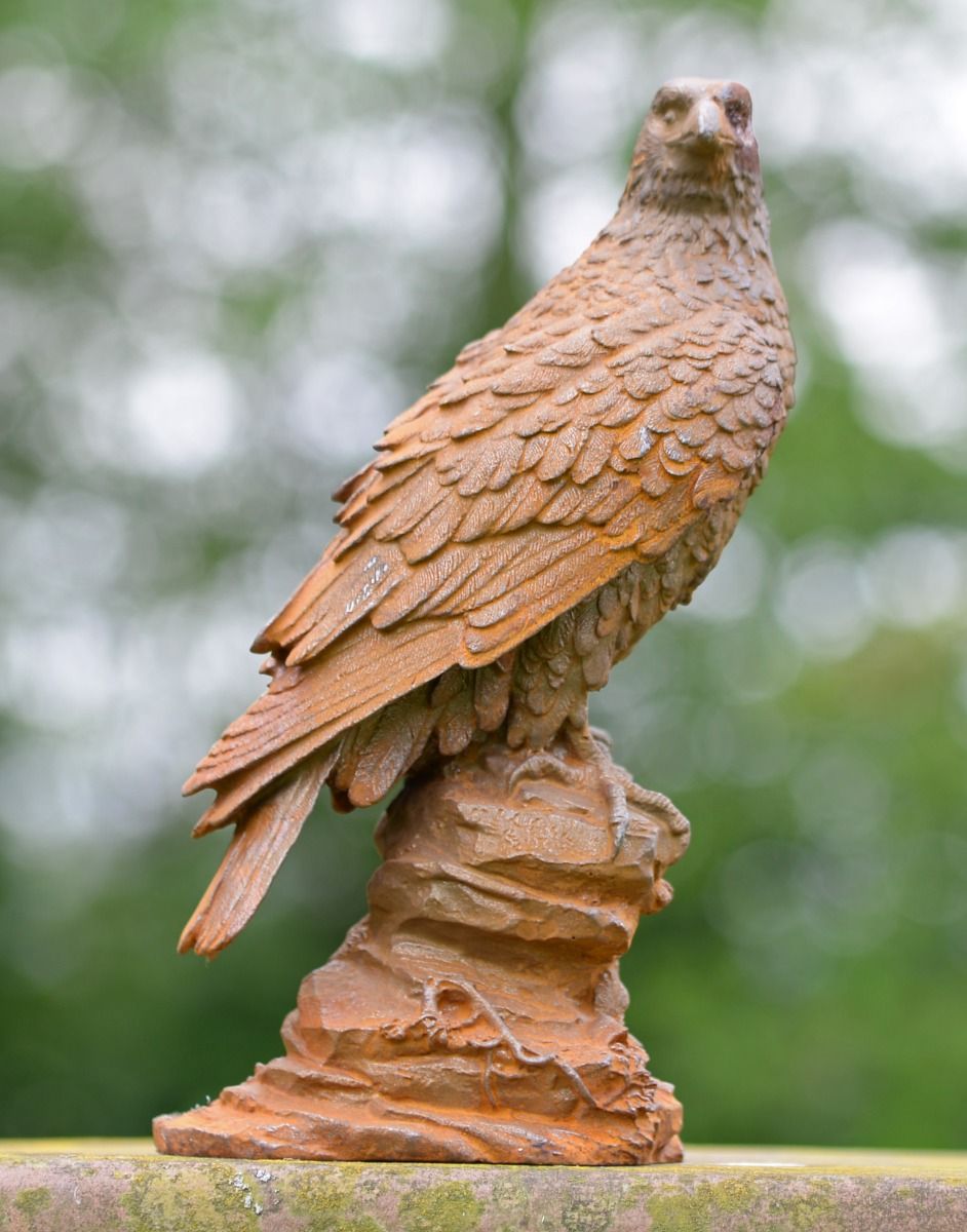 Rustic Cast Iron Eagle On Rock Sculpture 