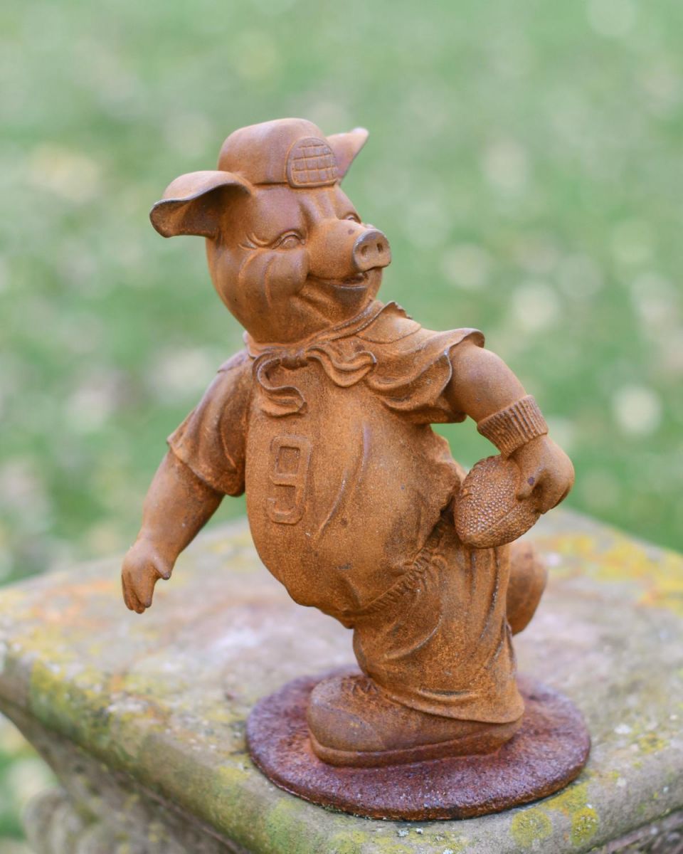 Rustic Cast Iron "American Football Player" Pig Garden Sculpture