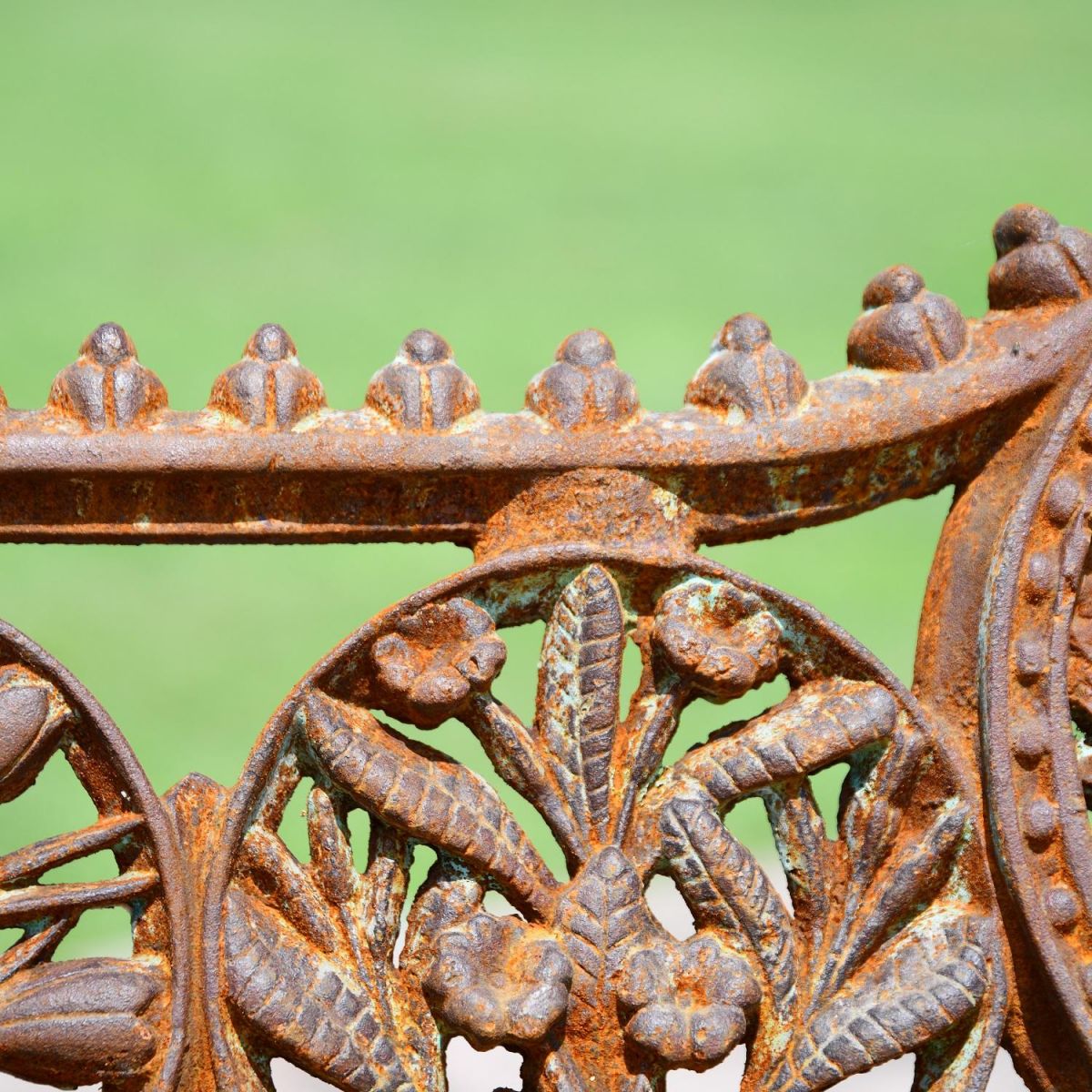 Close up of Rustic Cast Iron Garden Bench 