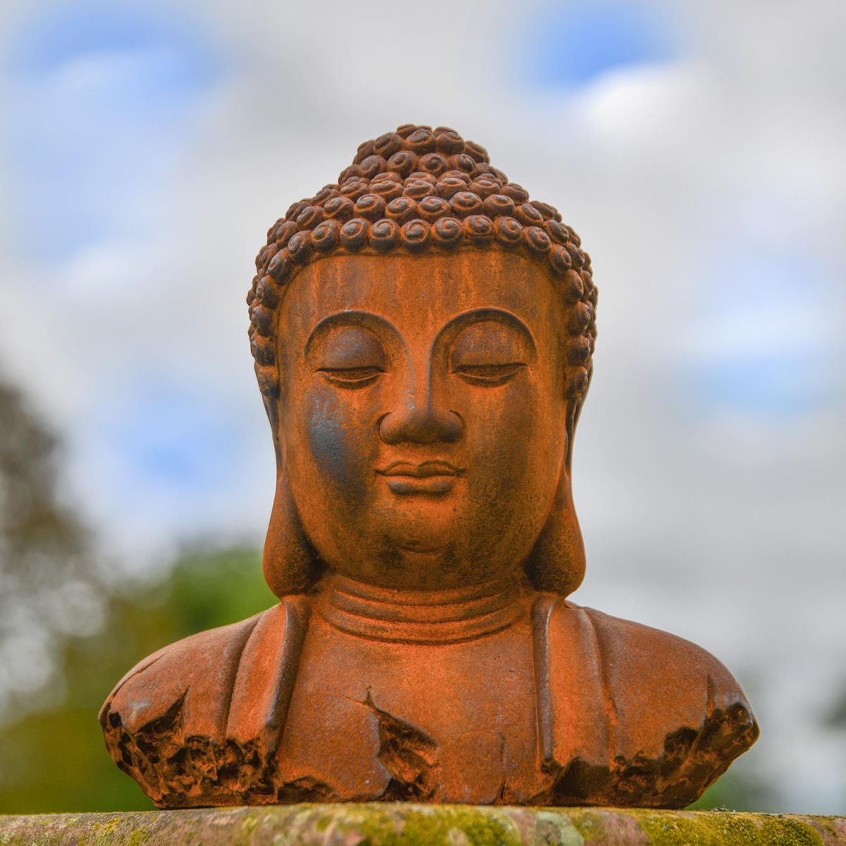 Rustic Cast Iron Buddha Sculpture in the Garden 