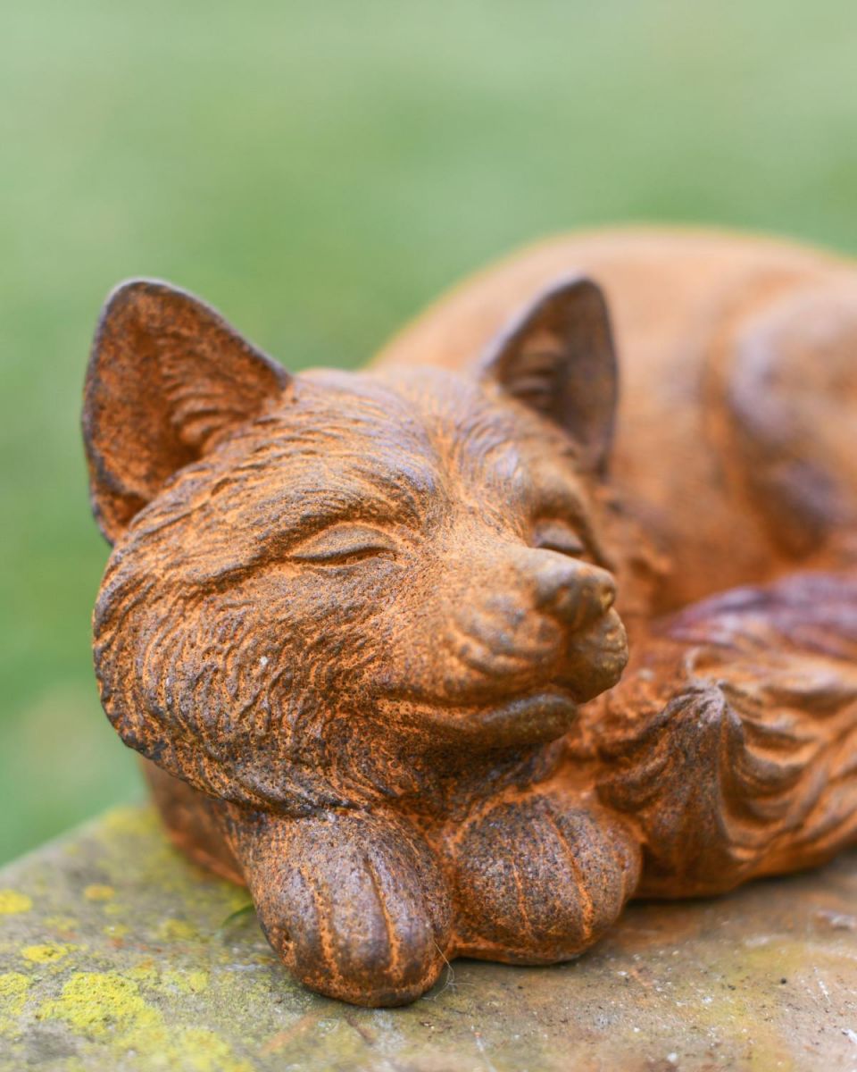 Close-Up of Rustic Cast Iron "Curled" Sleeping Fox Garden Sculpture