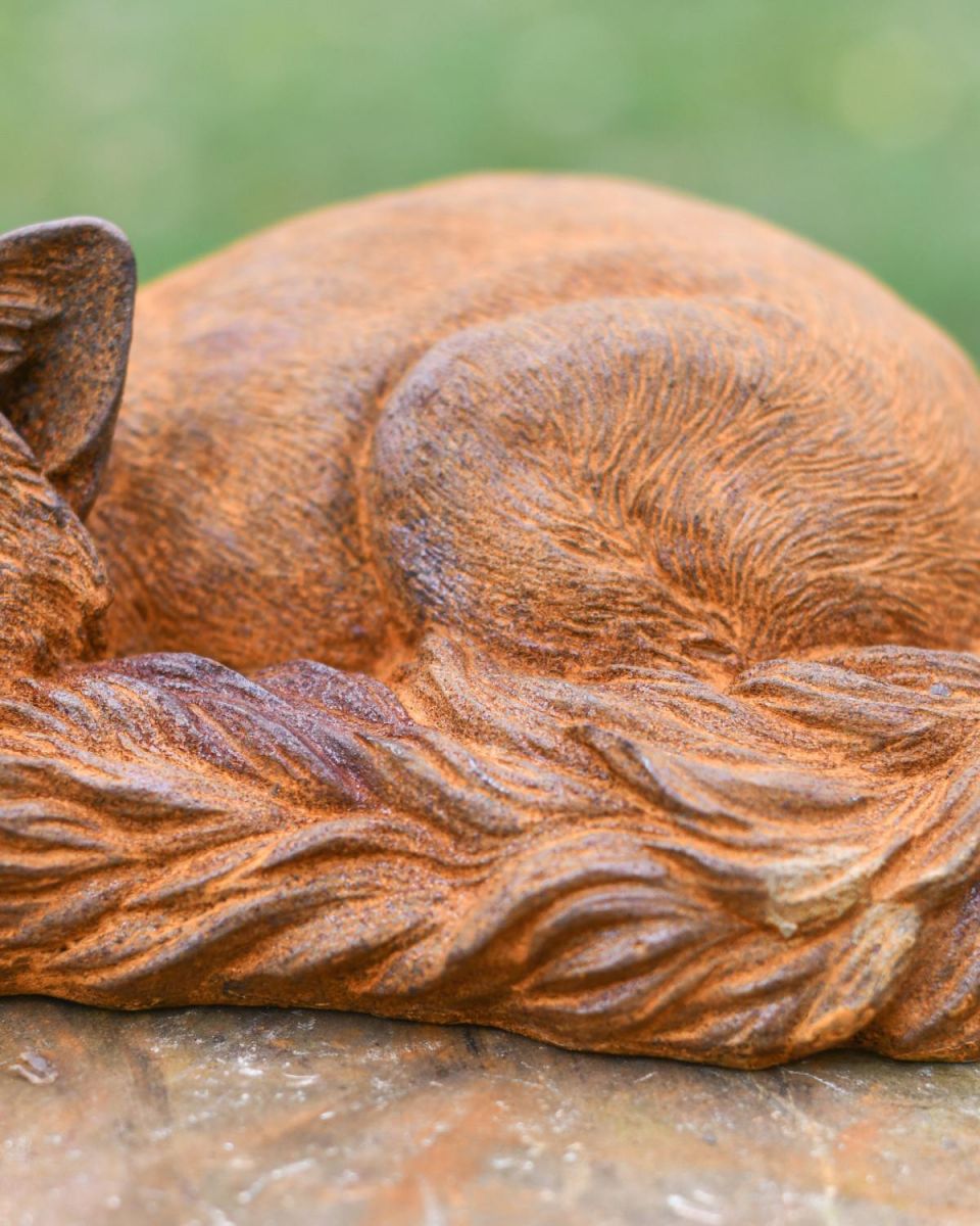 Close-Up of Rustic Finish on "Curled" Sleeping Fox Garden Sculpture