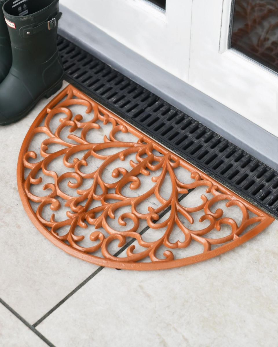 Rustic Cast Iron Ornate "Sunrise" Semi Circle Door Mat in Situ