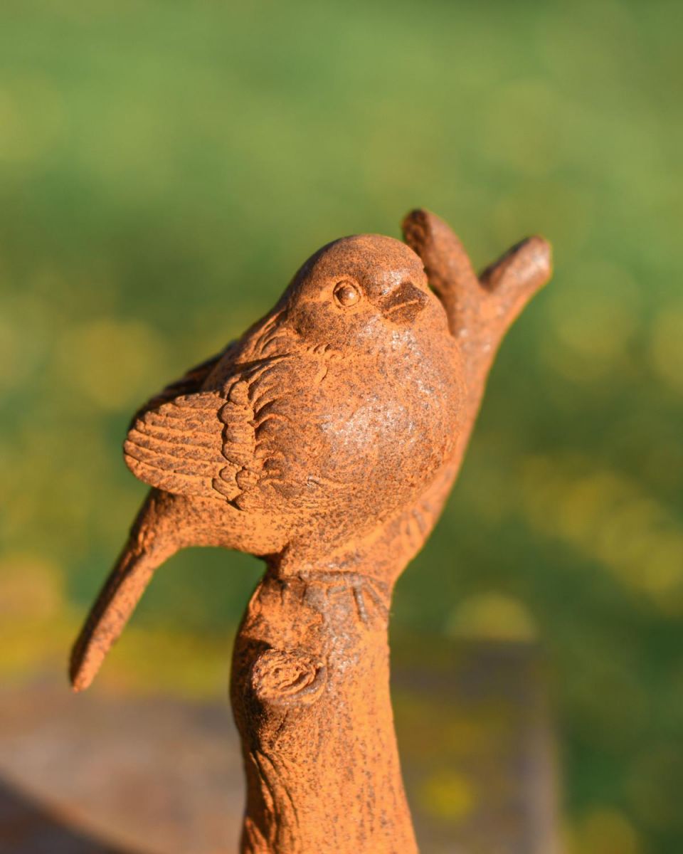 Close-Up of Rustic Cast Iron "Singing Bird" Garden Sculpture
