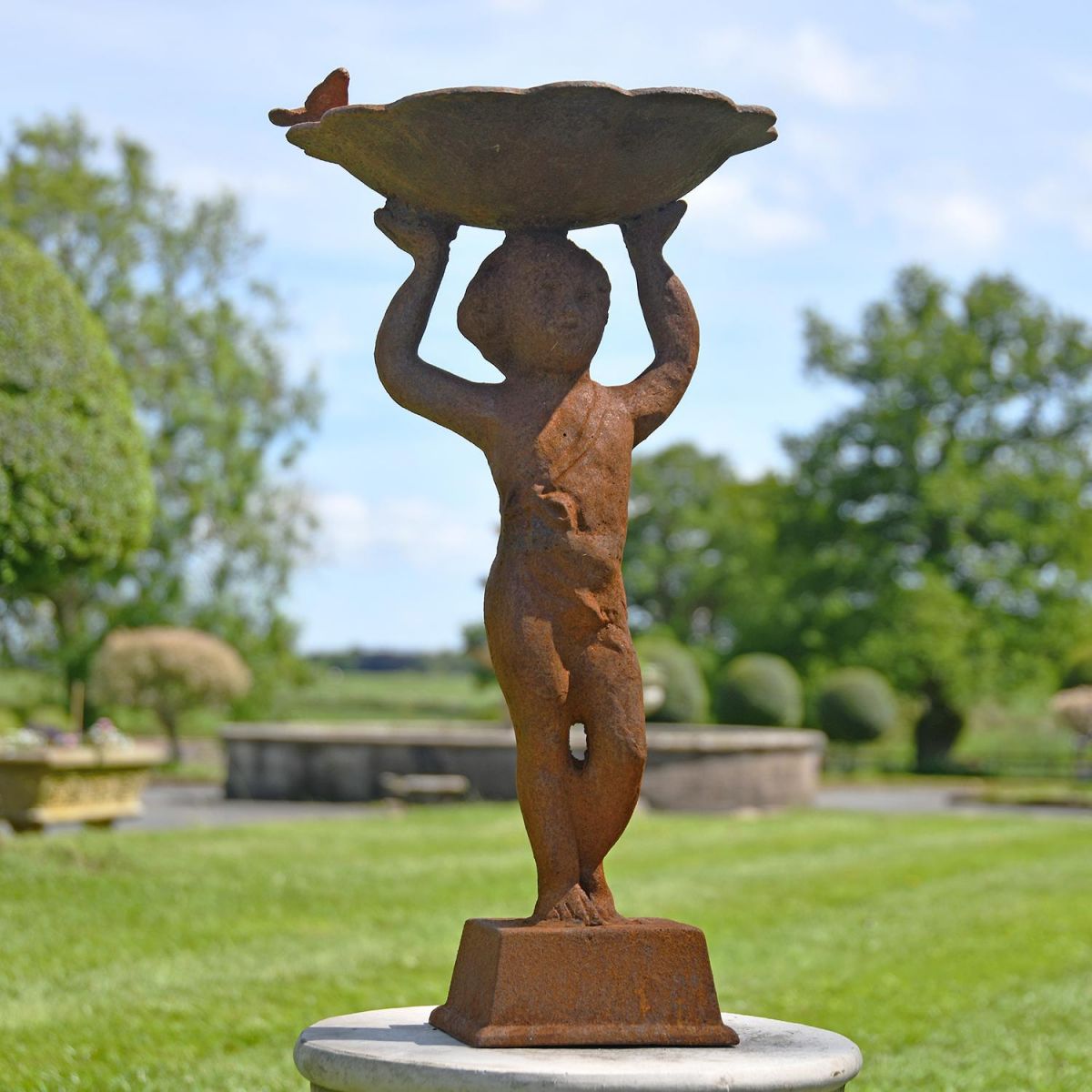 Rustic Cherub Bird Bath in situ