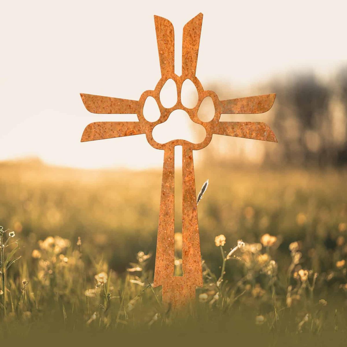 Contemporary Paw Print on Cross Grave Marker Ground Spike in Rustic Finish