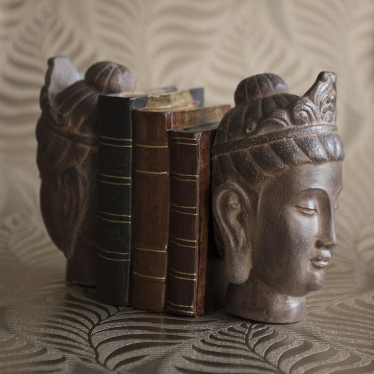 Rustic Effect Buddha Head Bookends in Situ