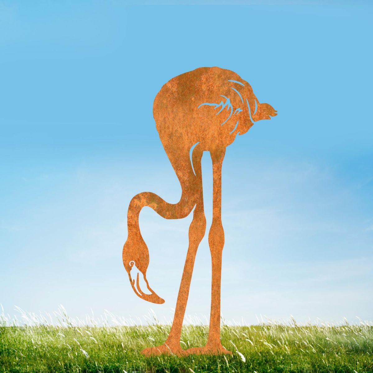Rustic "Head Down" Flamingo Sheet Steel Silhouette in Situ