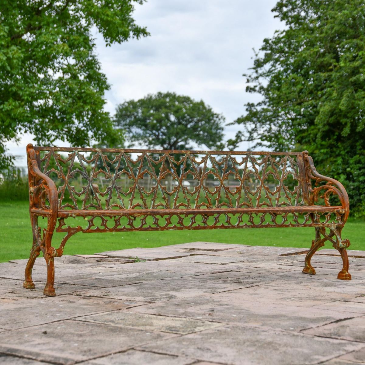 Rustic "Quatrefoil" Cast Iron Three Seater Bench