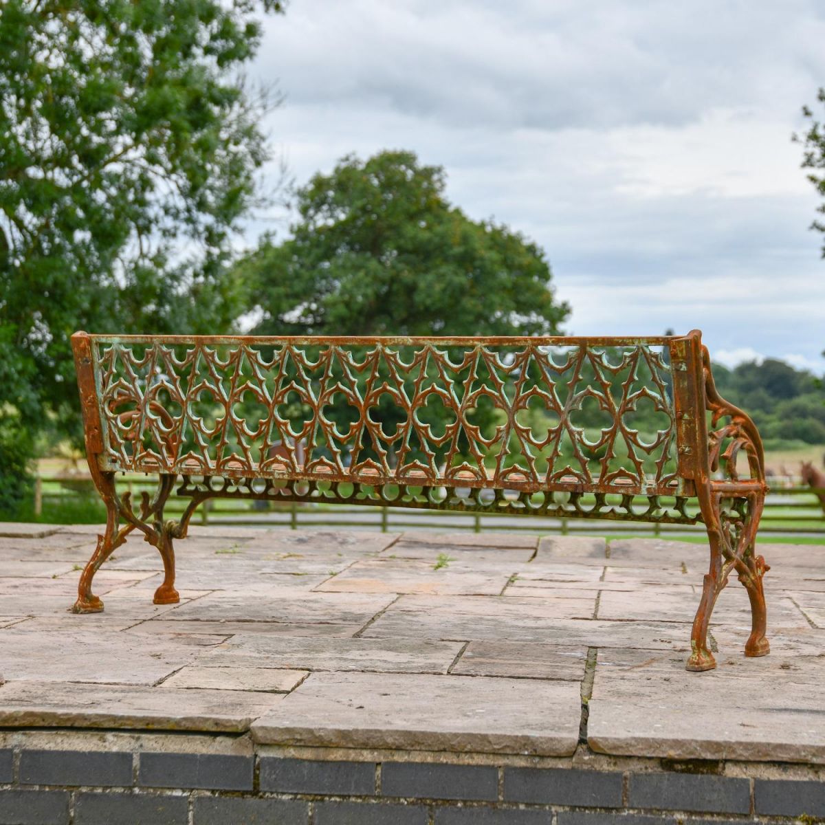 Rear view of Rustic Cast Iron "Quatrefoil" Garden Bench