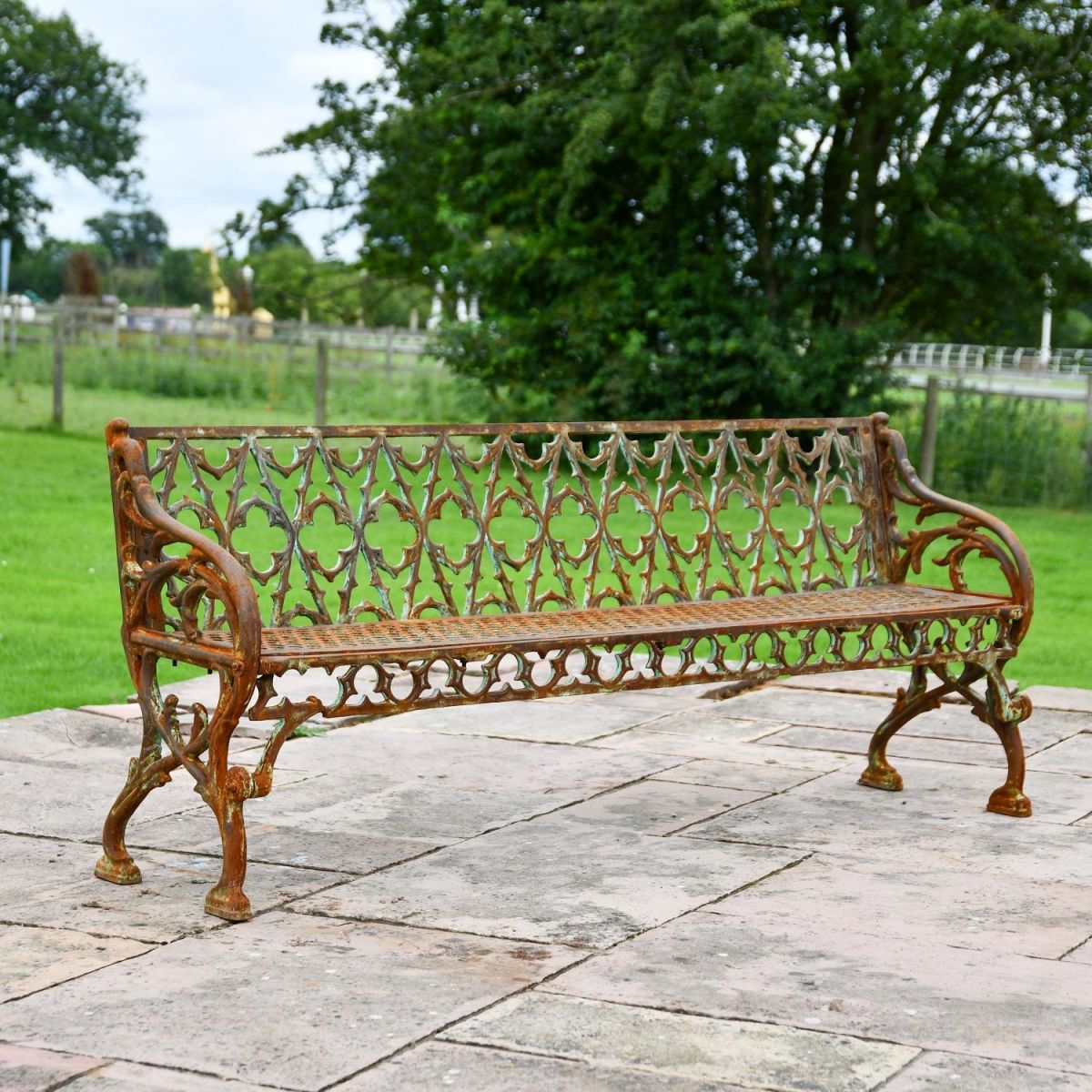 Rustic Cast Iron Victorian "Quatrefoil" Three Seater Bench