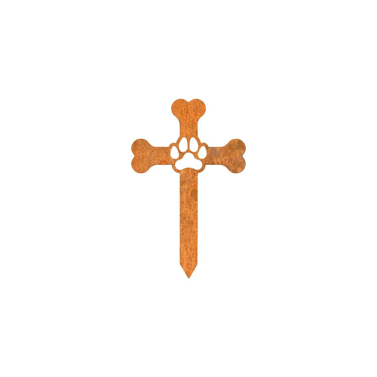 Close-Up of Paw Print on Dog Bone Cross Grave Marker Ground Spike in Rustic Finish