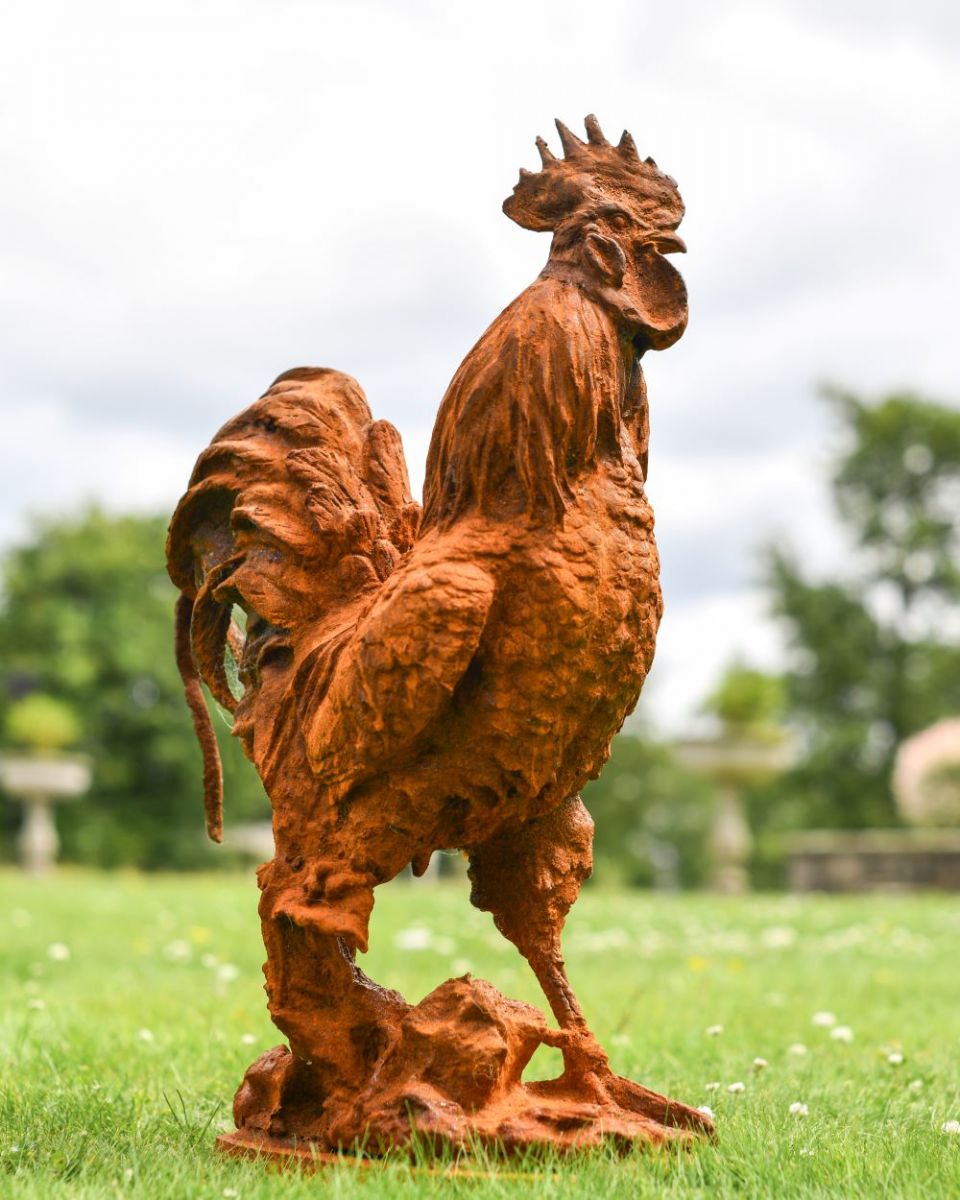 Rustic Rooster Cast Iron Sculpture Side View
