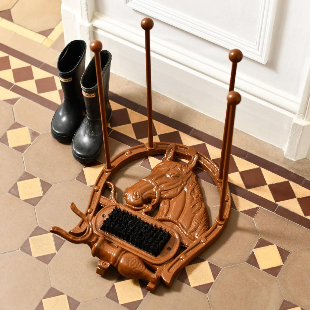 Rustic Two-in-One Horse Head Boot Scraper & Wellie Rack