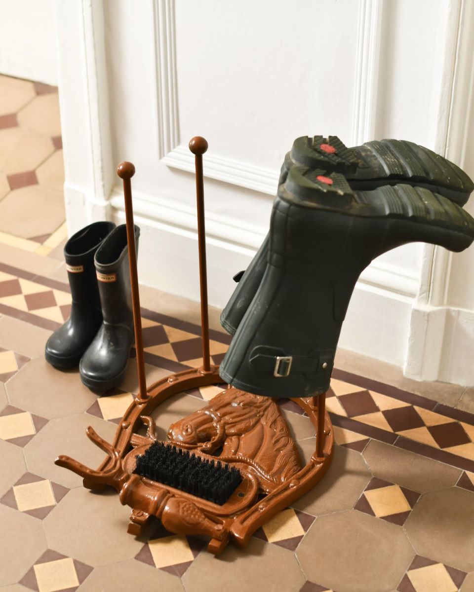 Wellie Rack in Use on Rustic Two-in-One Horse Head Boot Scraper & Wellie Rack