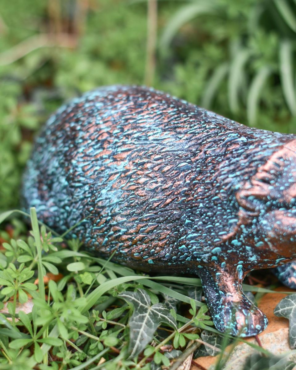 Close-Up of Rustic Verdigris Cast Aluminium Hedgehog Garden Sculpture - 10cm