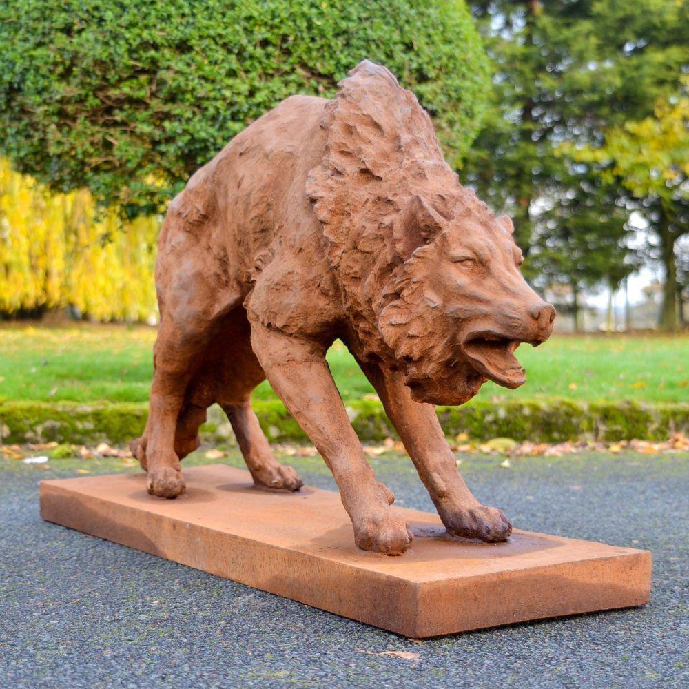 Rustic Cast Iron Wolf Sculpture with Arched Back 