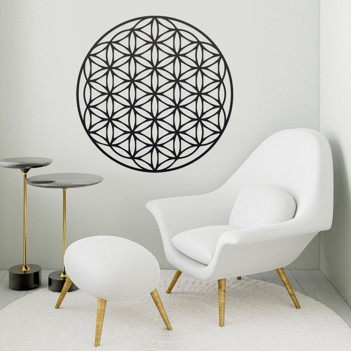 Geometry "Flower of Life" Steel Wall Art in a Modern Sitting Room