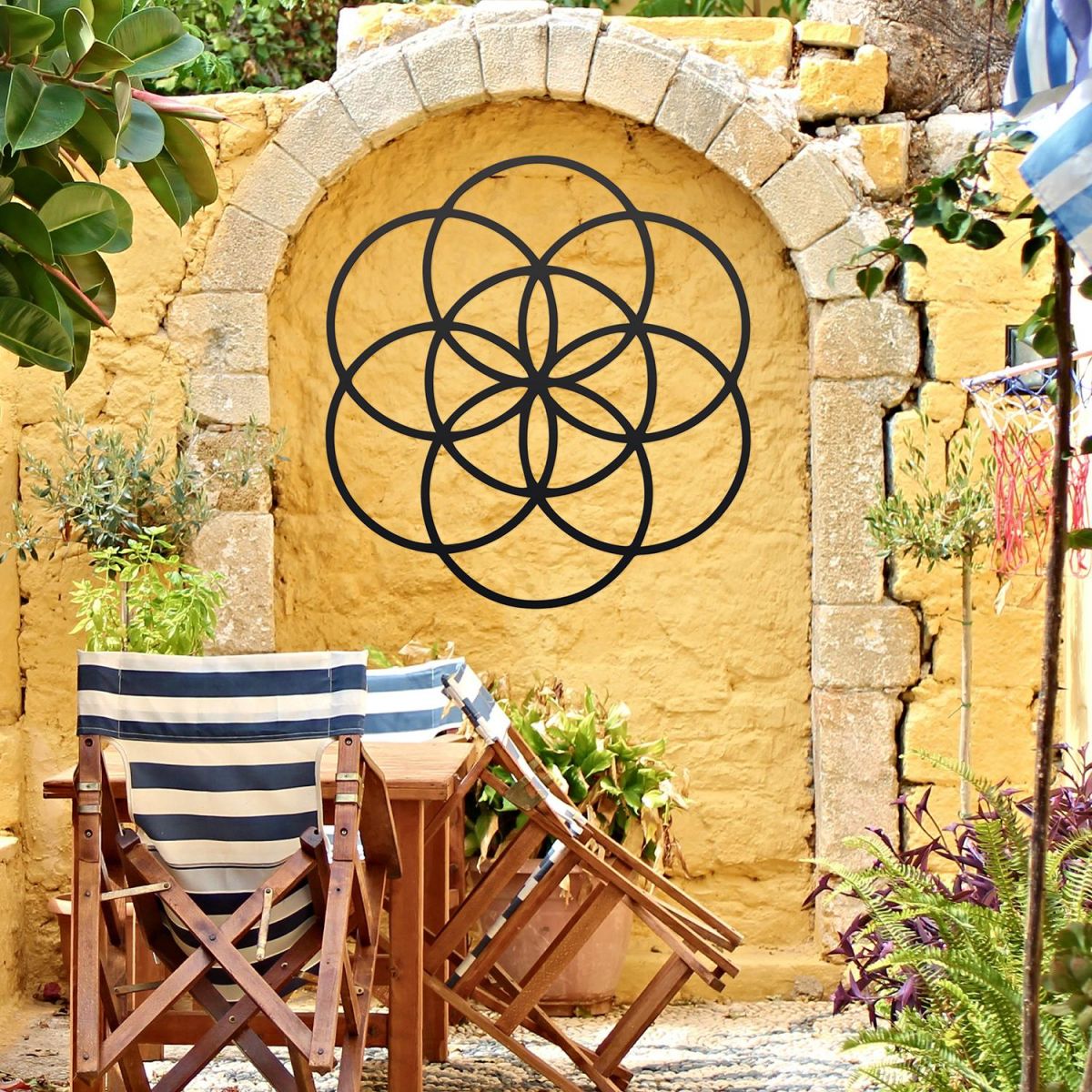 Black "Seed of Life" Steel Wall Art in Situ Outdoors