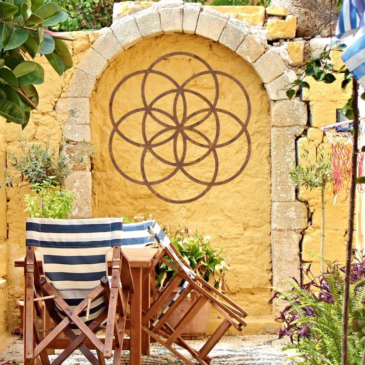 Rustic "Seed of Life" Steel Wall Art in Situ Outdoors