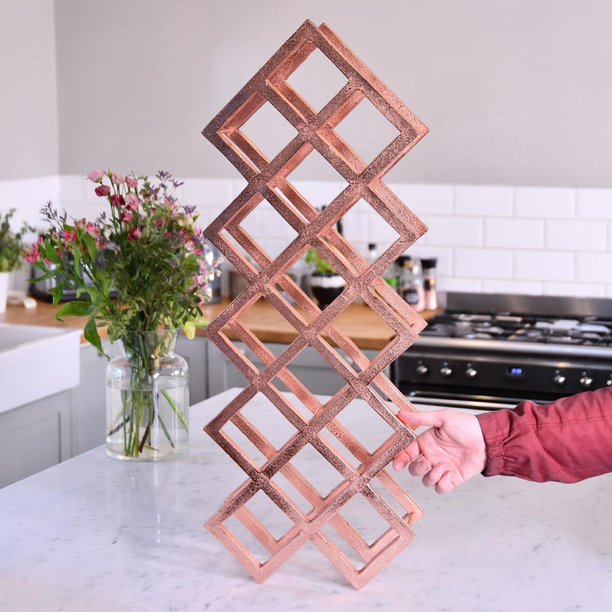 Copper "Geometric Grid" Wine Rack in Kitchen Setting 