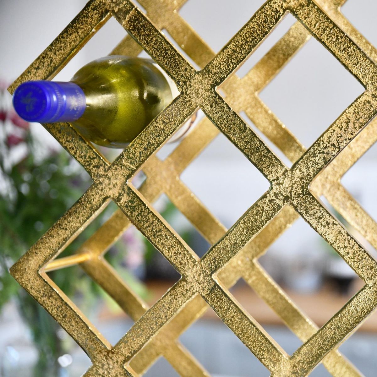 Close up of bottle holder within "Geometric Grid" Wine Rack 