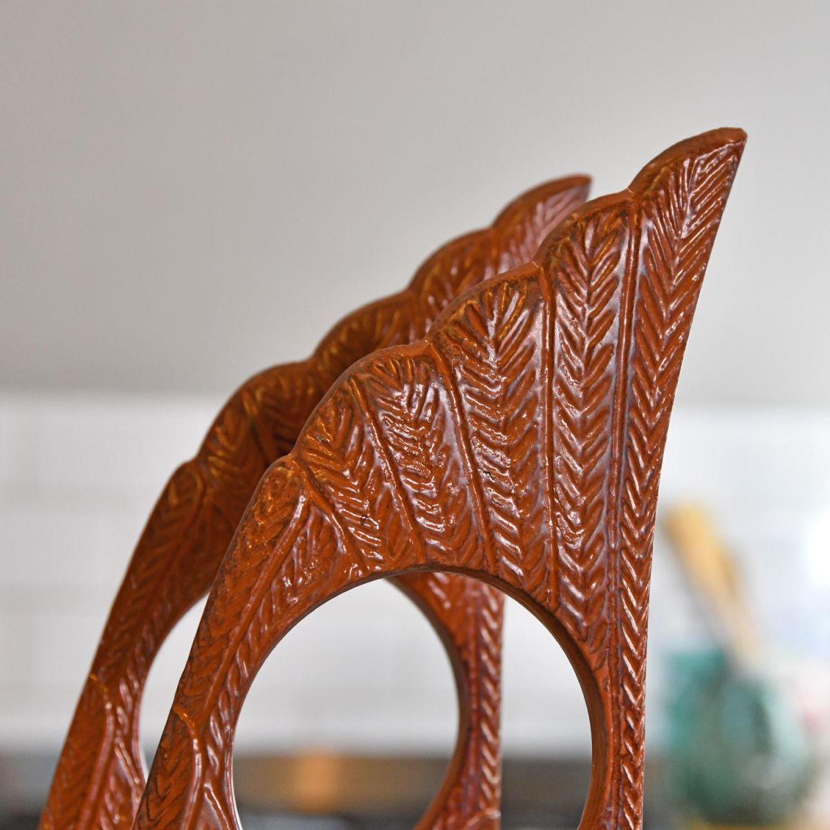 Close up of tip of "Angel Wings" Wine Rack