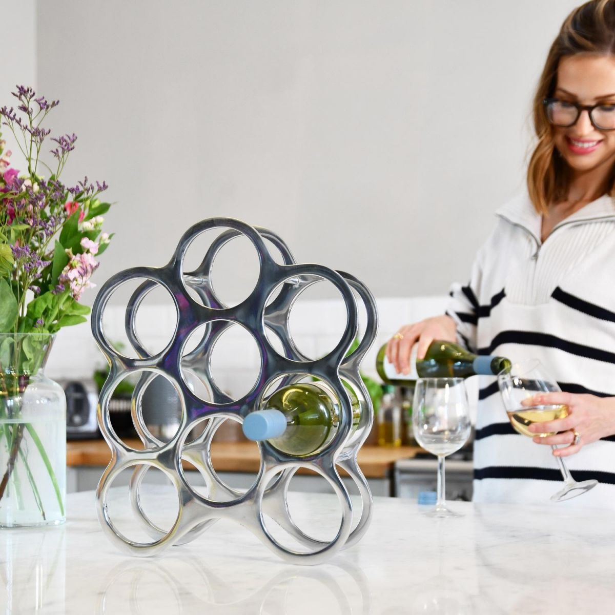 "Floating Bubbles" Wine Rack on Countertop and in Kitchen Setting 