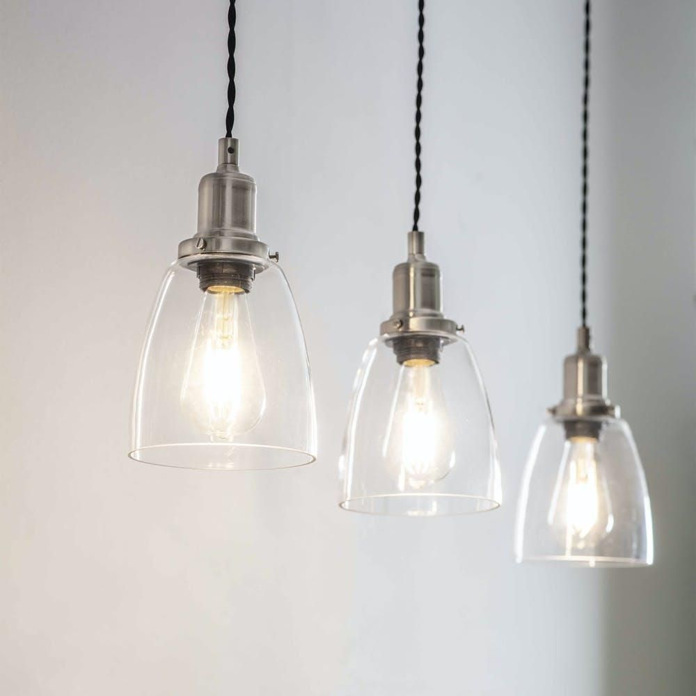 Satin Nickel Steel Trio Domed Cone Hanging Lights in Situ