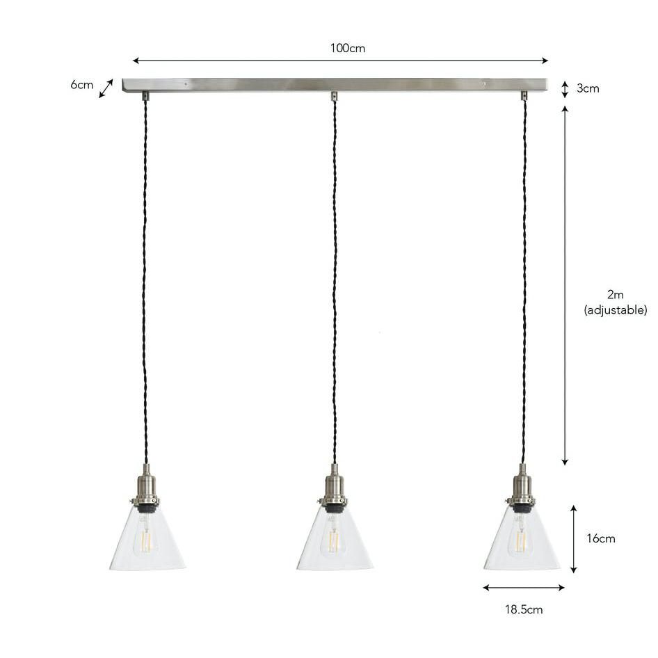 Dimensions of the Satin Nickel Trio Cone Hanging Lights in Situ