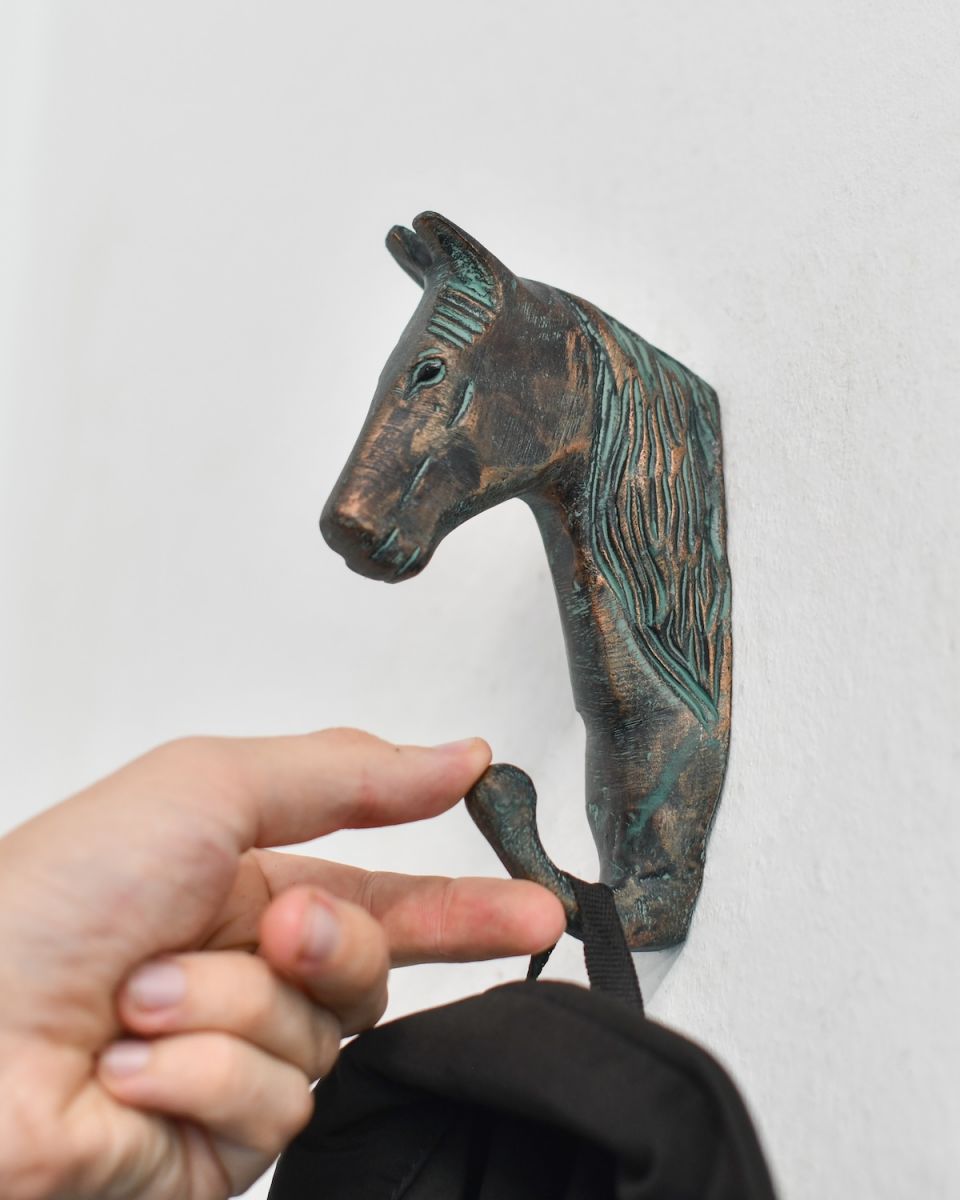 Scale in situ photo of verdigris horse hook