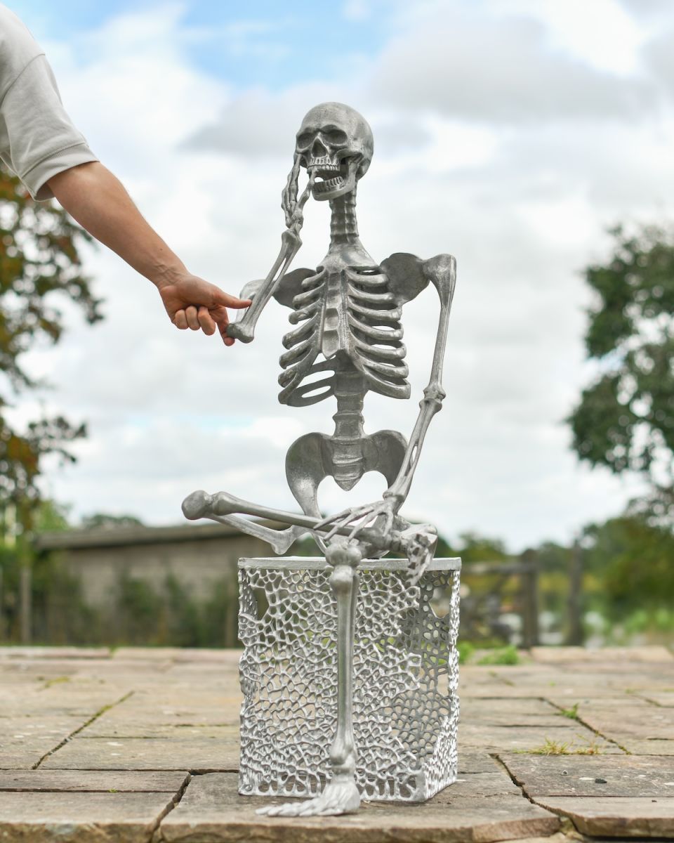 Scale image of "Percival" the Pensive Skeleton with Freestanding Base - Silver