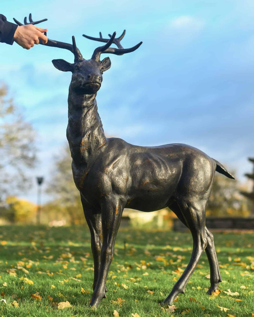 Scale Shot of Antique Bronze "General" Freestanding Stag Garden Sculpture