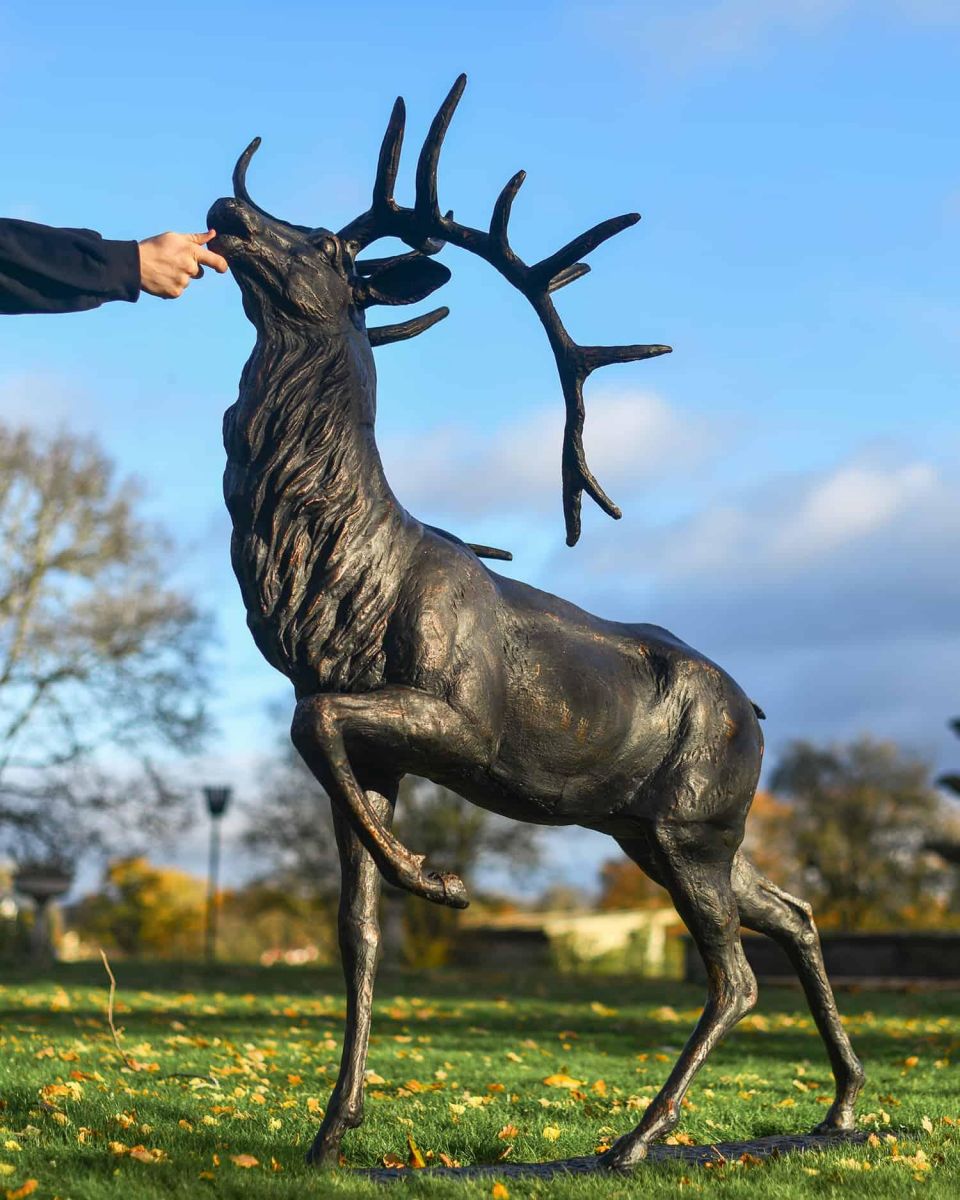 Scale Shot of Antique Bronze "Regiment" Roaring Stag Garden Sculpture on Stand