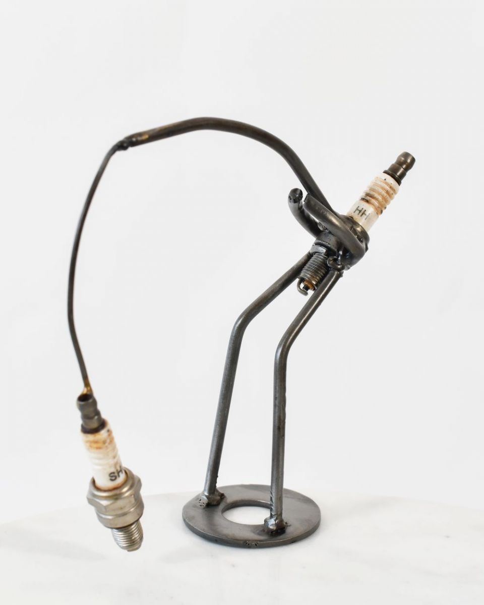 Spark Plug Fishing Recycled Metal Ornament three quarter view