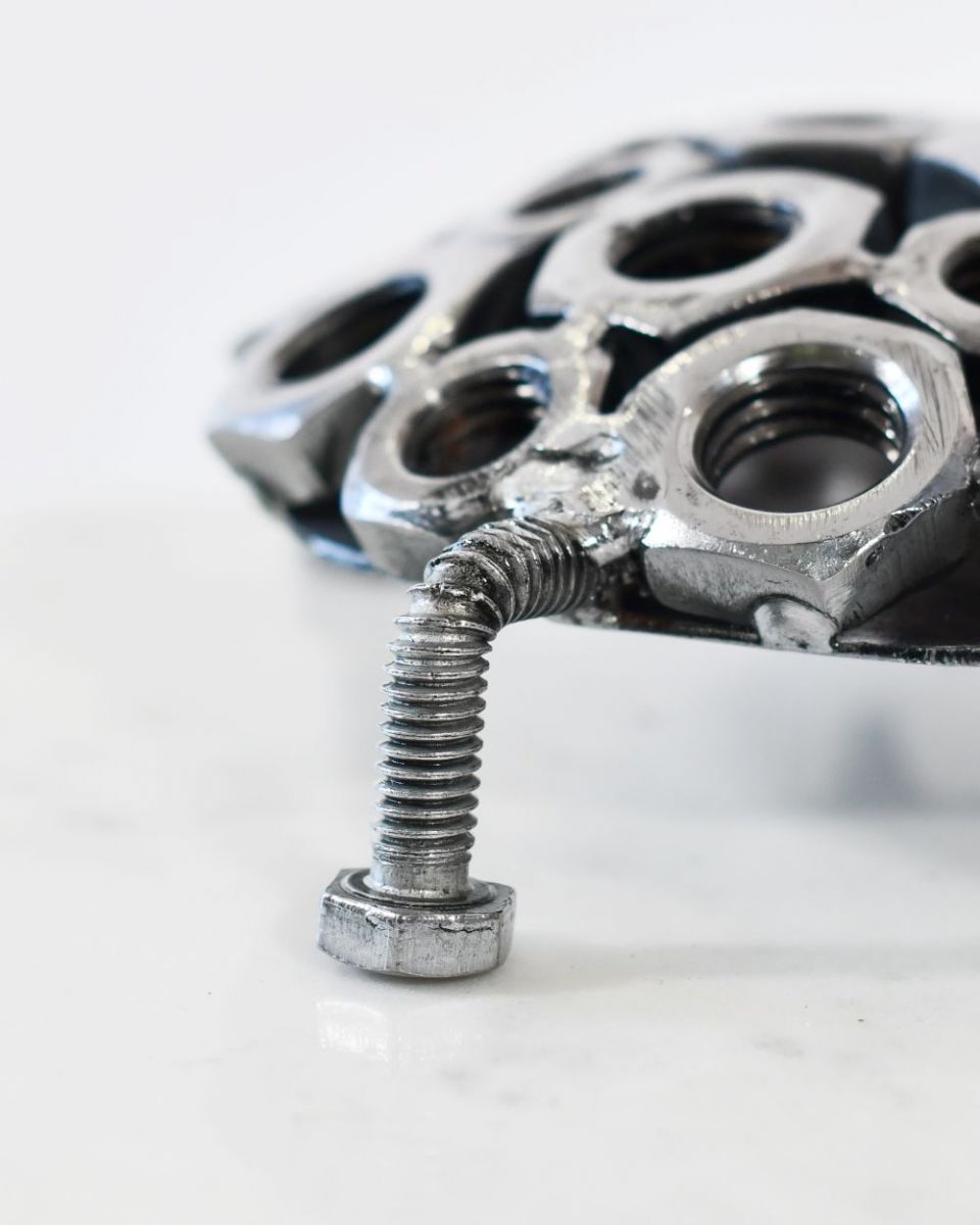 Close up of Scrap Metal Tortoise Hatchling Sculpture Leg