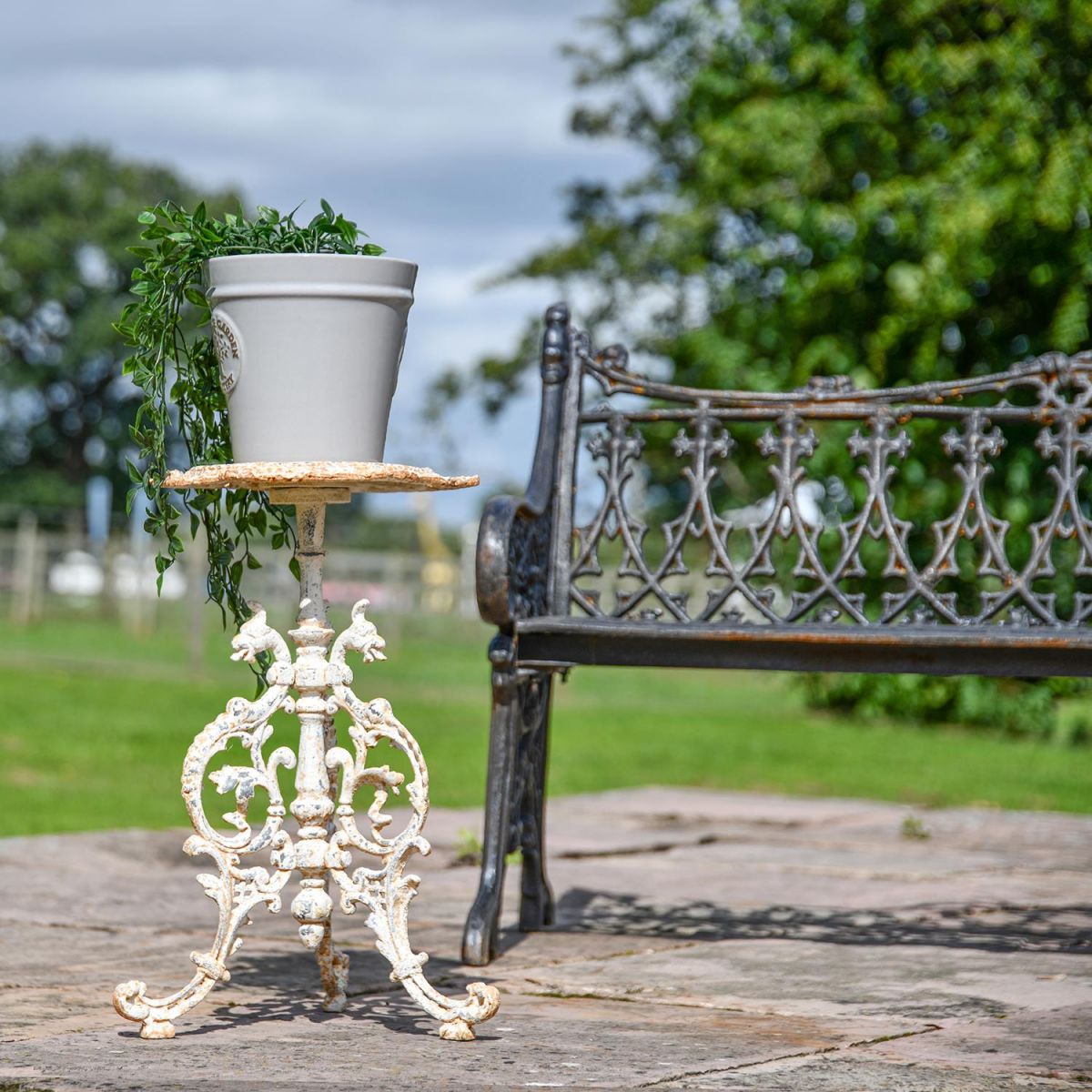 Serpent Gothic Rustic Cream Cast Iron Side Table in Situ in the Garden