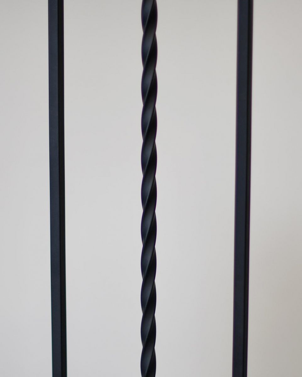 Close-Up of Set of 2 Matte Black "Enfield" Steel Stair Spindles - Pattern 11 - Spindle ONLY - No Brackets