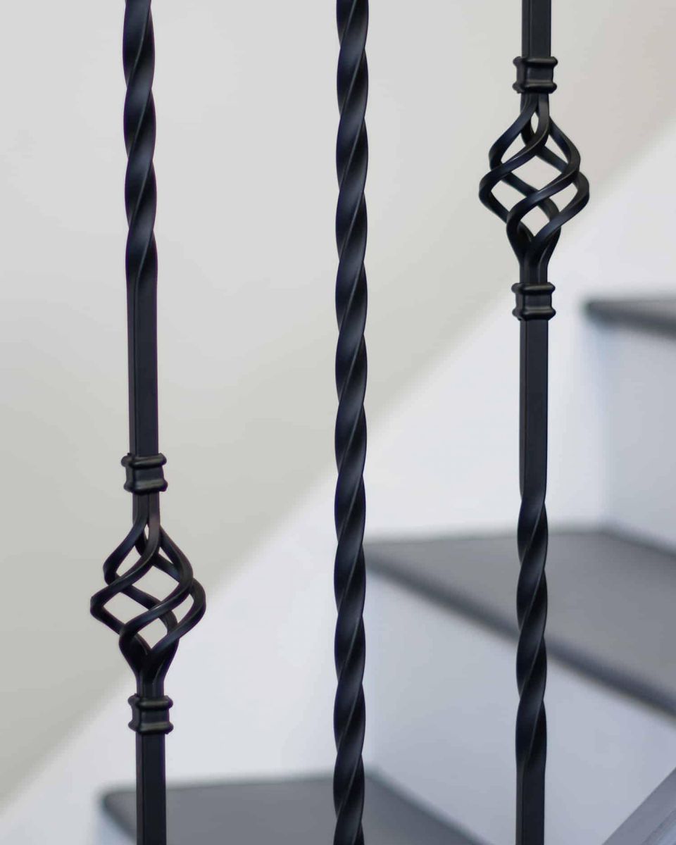 Close-Up of Set of 2 Matte Black "Enfield" Steel Stair Spindles - Pattern 13 - Spindle ONLY - No Brackets